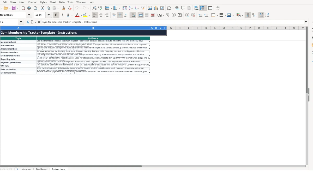 Screenshot 3: Instructions tab - Excel template gym membership tracker excel template uk