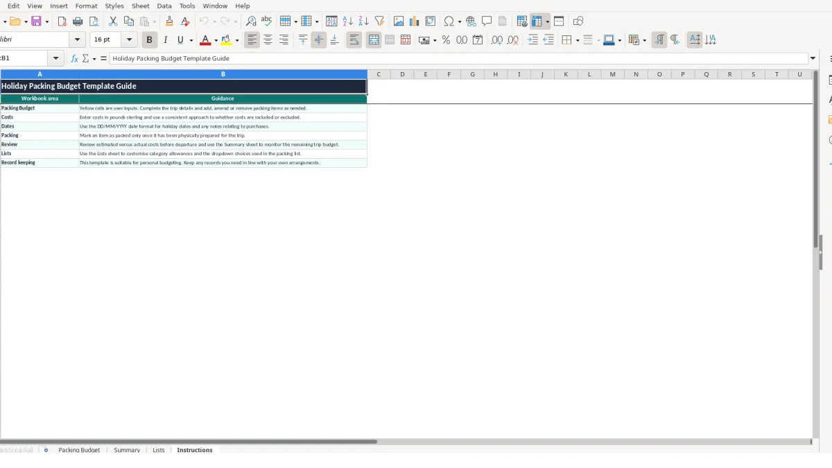 Screenshot 4: Instructions tab - Excel template holiday packing budget excel template uk