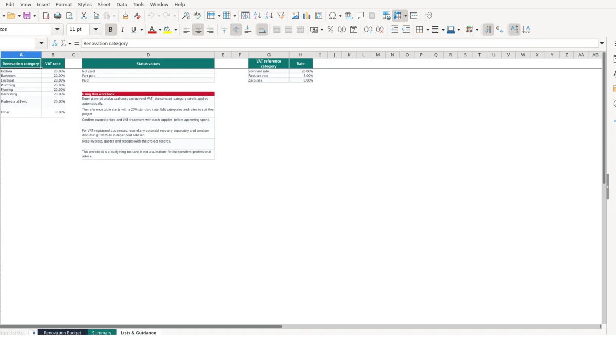Screenshot 3: Lists & Guidance tab - Excel template home renovation budget excel template uk