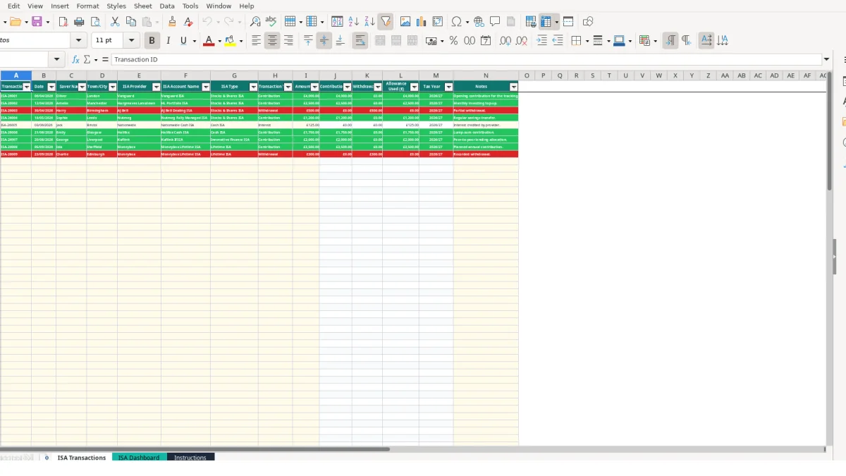 Screenshot 1: ISA Transactions tab - Excel template isa savings tracker excel template uk