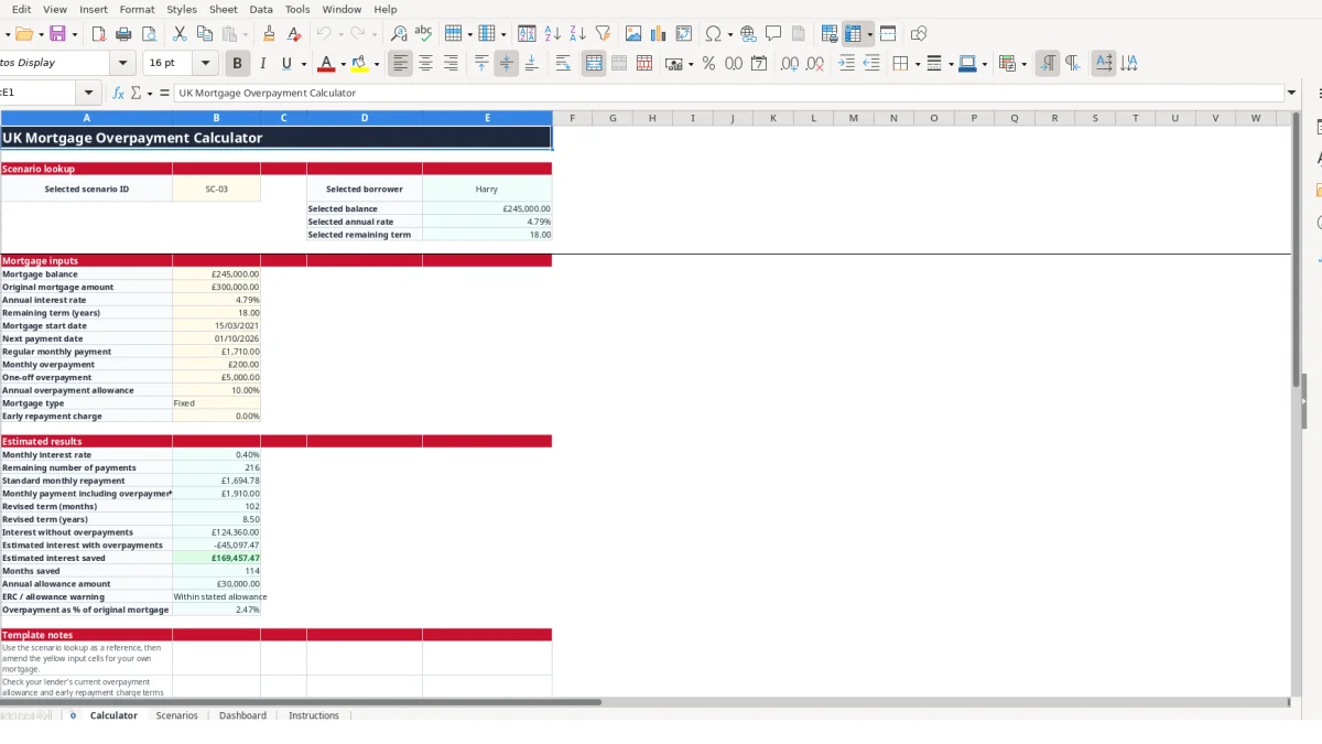 Screenshot 1: Calculator tab - Excel template mortgage overpayment calculator excel template uk