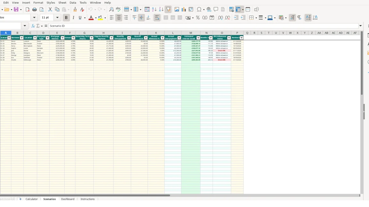 Screenshot 2: Scenarios tab - Excel template mortgage overpayment calculator excel template uk