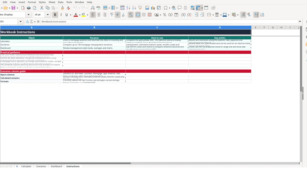 Screenshot 4: Instructions tab - Excel template mortgage overpayment calculator excel template uk
