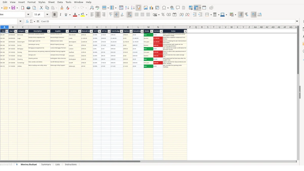 Screenshot 1: Moving Budget tab - Excel template moving house budget excel template uk