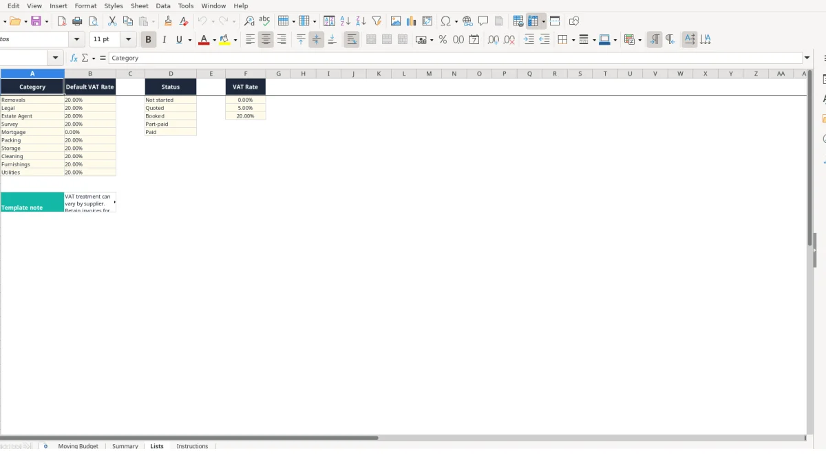 Screenshot 3: Lists tab - Excel template moving house budget excel template uk