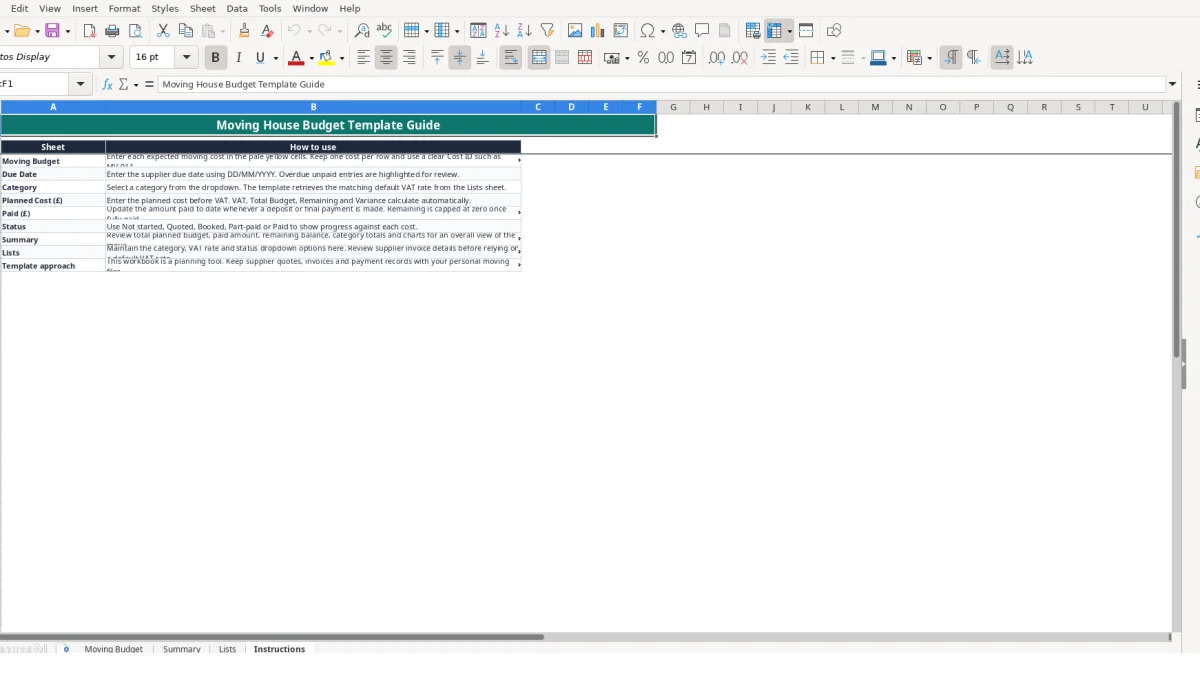 Screenshot 4: Instructions tab - Excel template moving house budget excel template uk