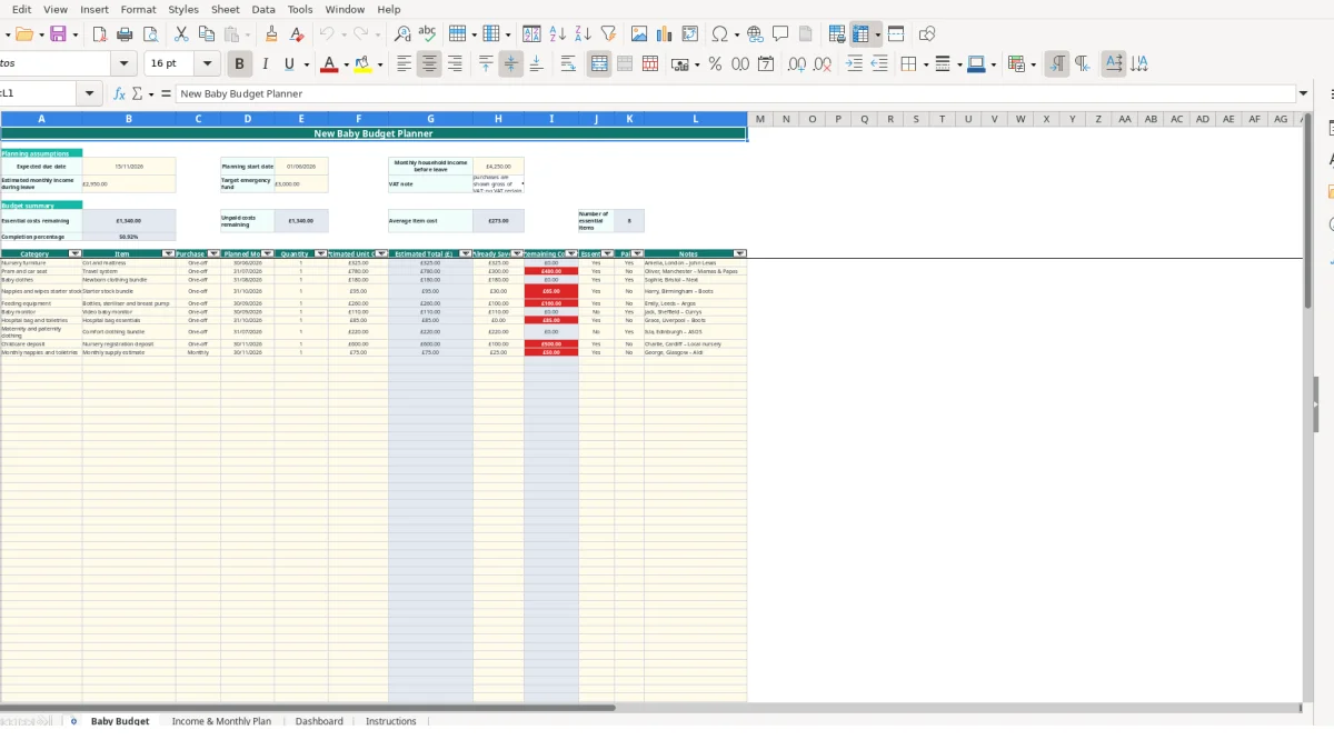 Screenshot 1: Baby Budget tab - Excel template new baby budget planner excel template uk