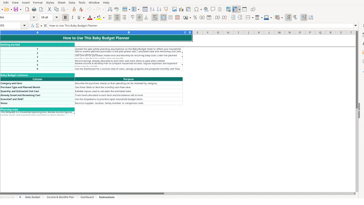 Screenshot 4: Instructions tab - Excel template new baby budget planner excel template uk