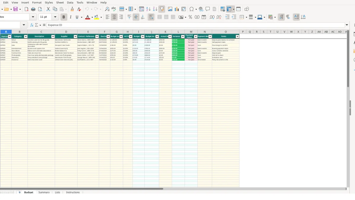Screenshot 1: Budget tab - Excel template party planning budget excel template uk
