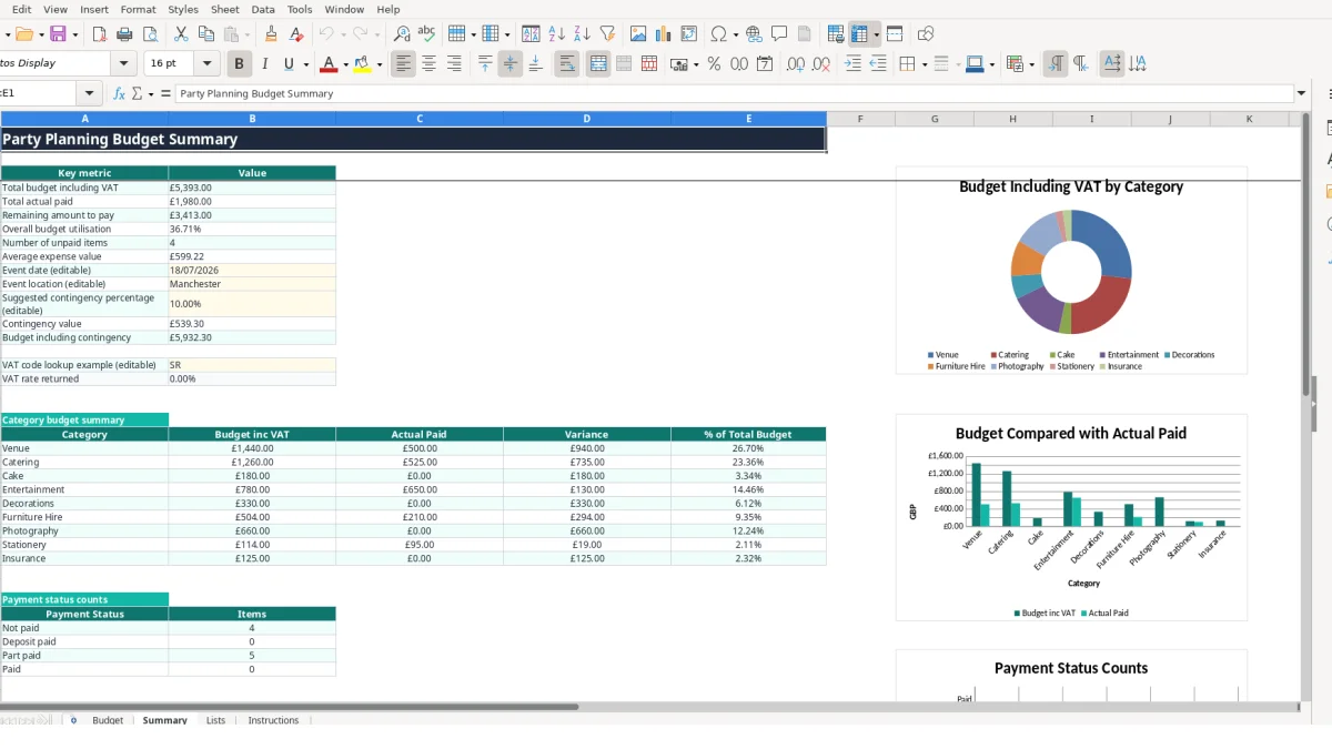 Screenshot 2: Summary tab - Excel template party planning budget excel template uk