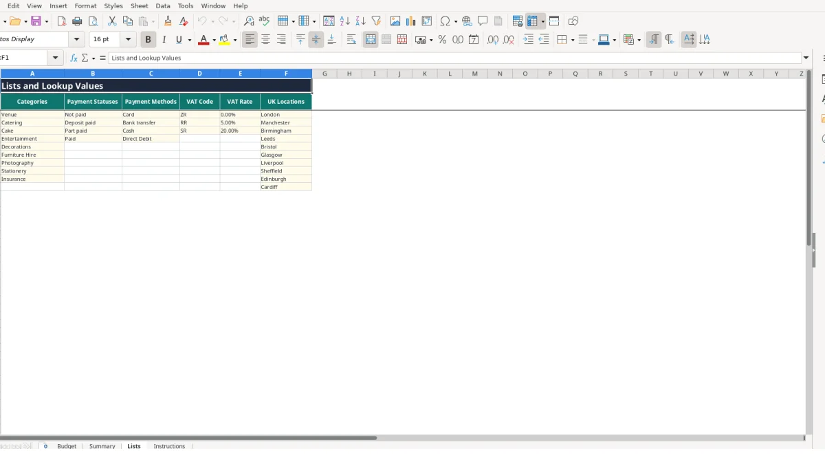 Screenshot 3: Lists tab - Excel template party planning budget excel template uk