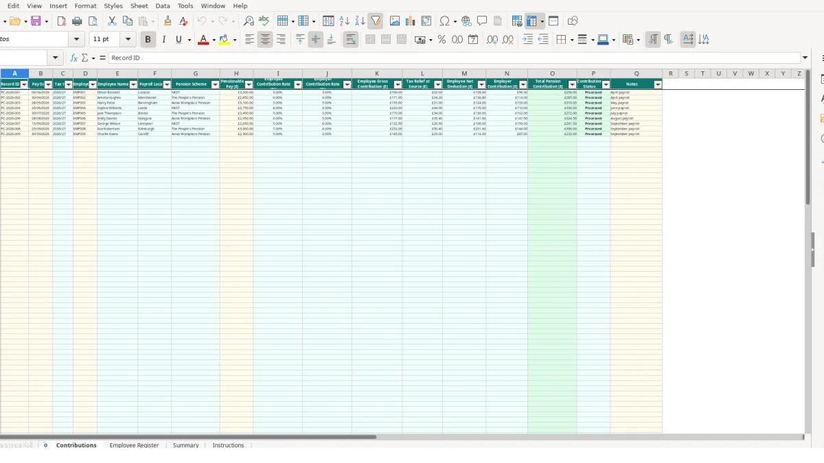 Screenshot 1: Contributions tab - Excel template pension contribution tracker excel template uk