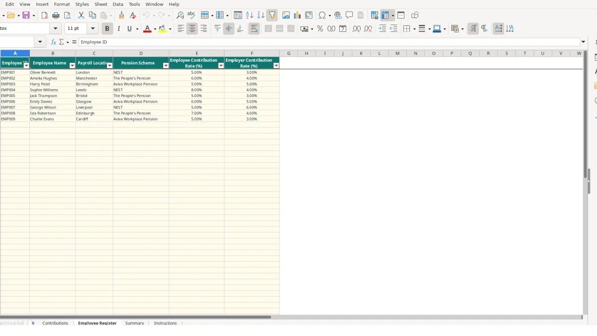 Screenshot 2: Employee Register tab - Excel template pension contribution tracker excel template uk