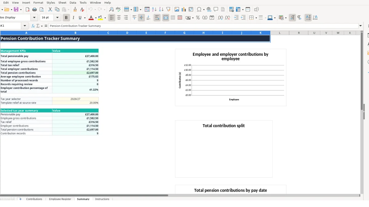 Screenshot 3: Summary tab - Excel template pension contribution tracker excel template uk