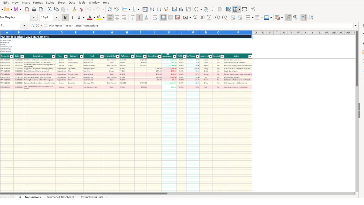 Screenshot 1: Transactions tab - Excel template pta funds tracker excel template uk