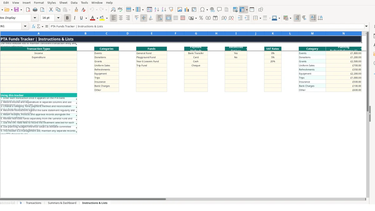 Screenshot 3: Instructions & Lists tab - Excel template pta funds tracker excel template uk