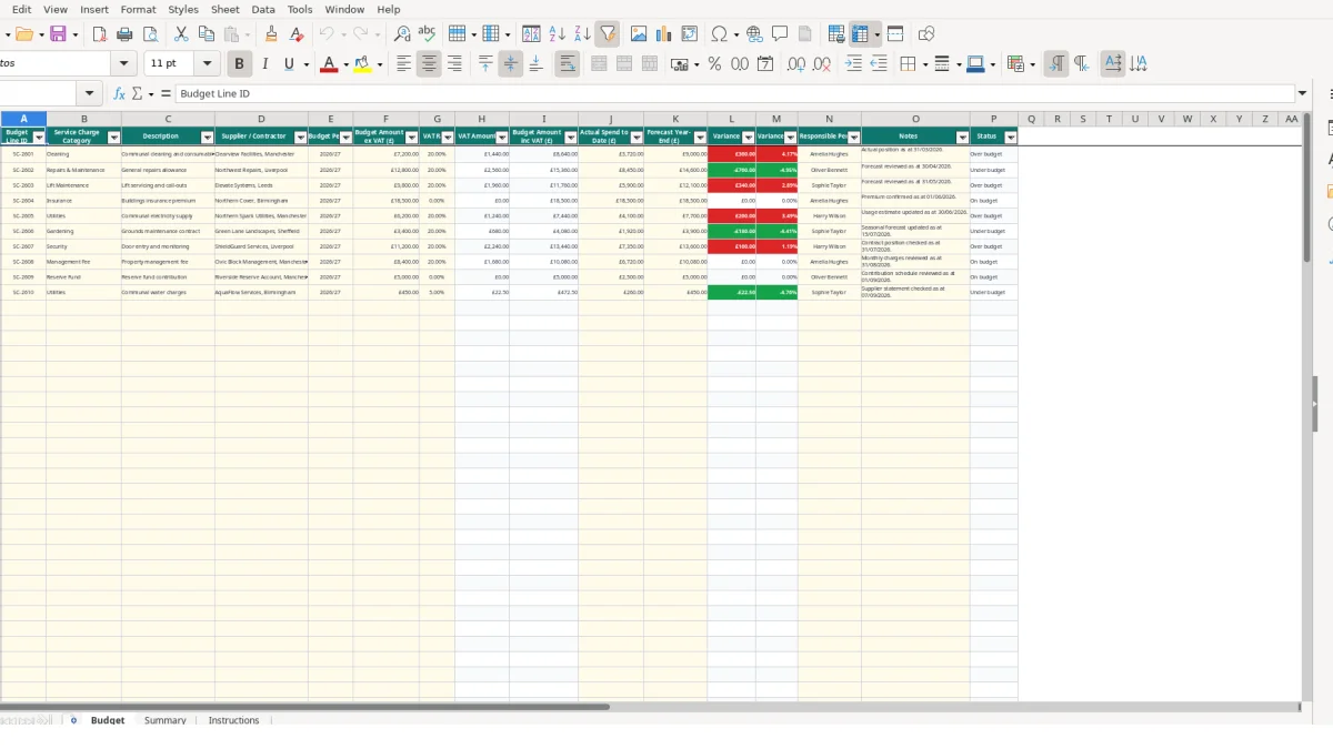Screenshot 1: Budget tab - Excel template service charge budget excel template uk
