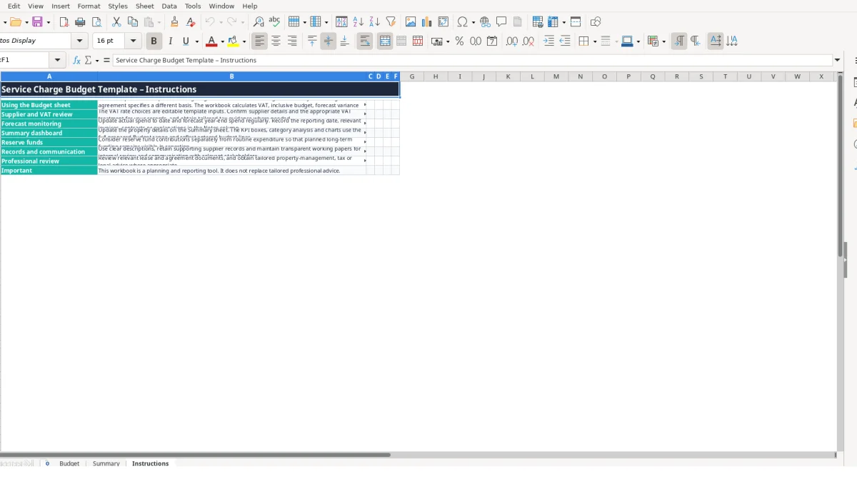 Screenshot 3: Instructions tab - Excel template service charge budget excel template uk