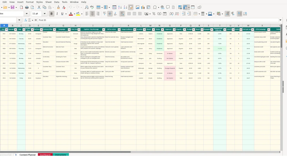Screenshot 1: Content Planner tab - Excel template social media planner excel template uk