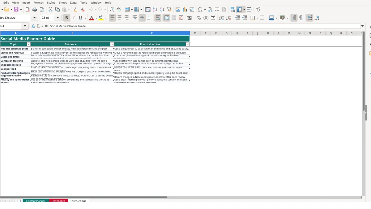 Screenshot 3: Instructions tab - Excel template social media planner excel template uk
