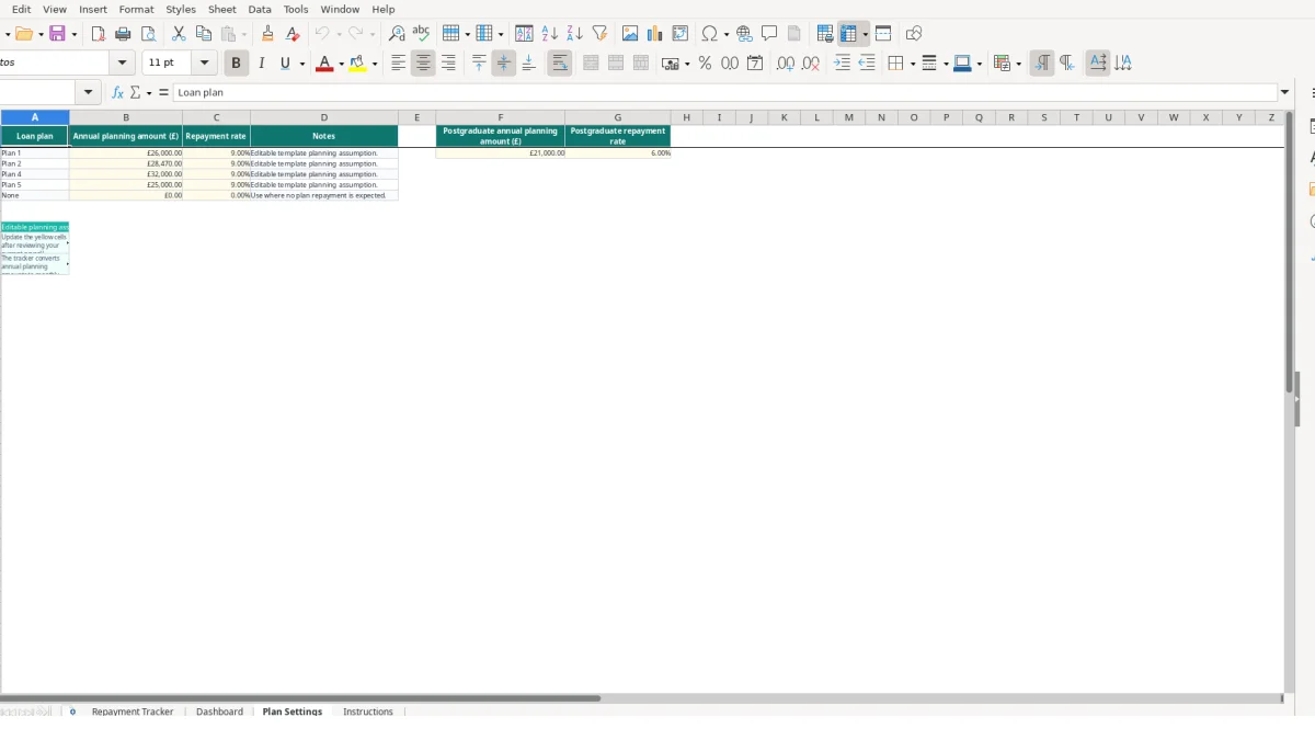 Screenshot 3: Plan Settings tab - Excel template student loan repayment tracker excel template uk