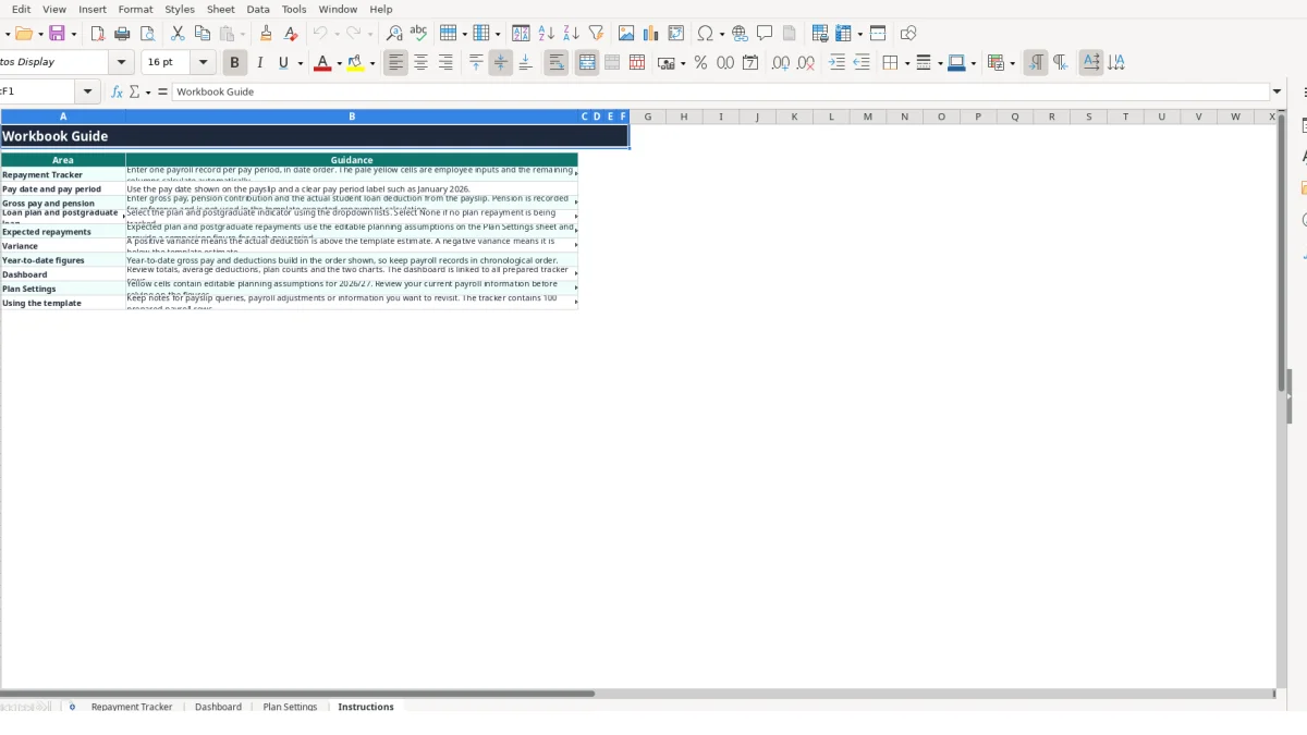 Screenshot 4: Instructions tab - Excel template student loan repayment tracker excel template uk