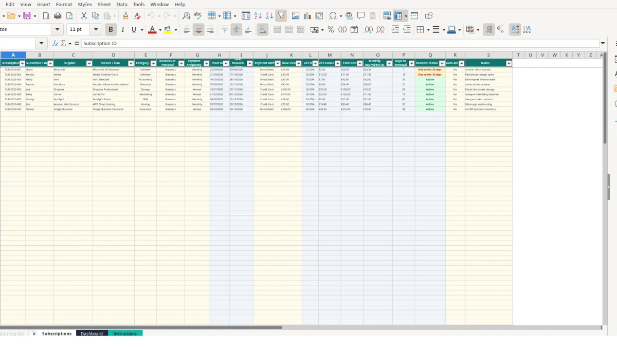 Subscription Tracker Excel Template - Free (2026)