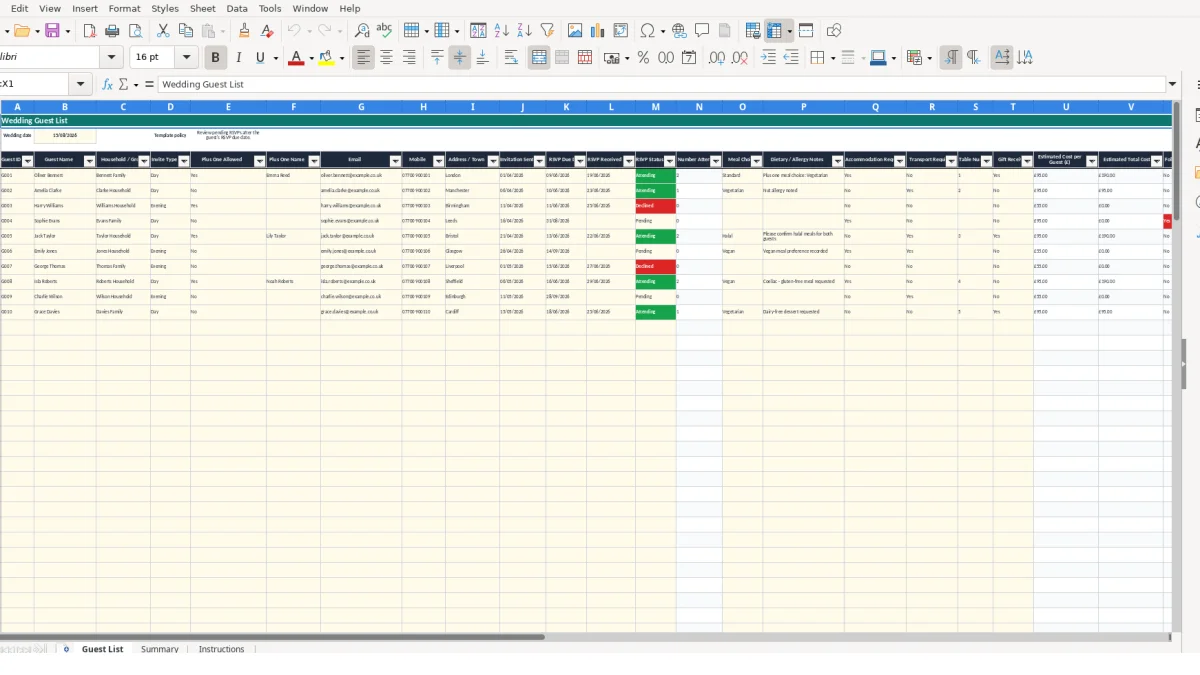 Screenshot 1: Guest List tab - Excel template wedding guest list excel template uk