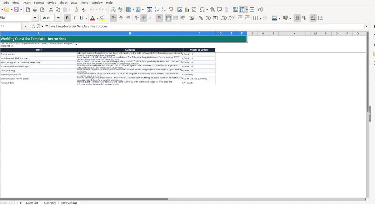 Screenshot 3: Instructions tab - Excel template wedding guest list excel template uk