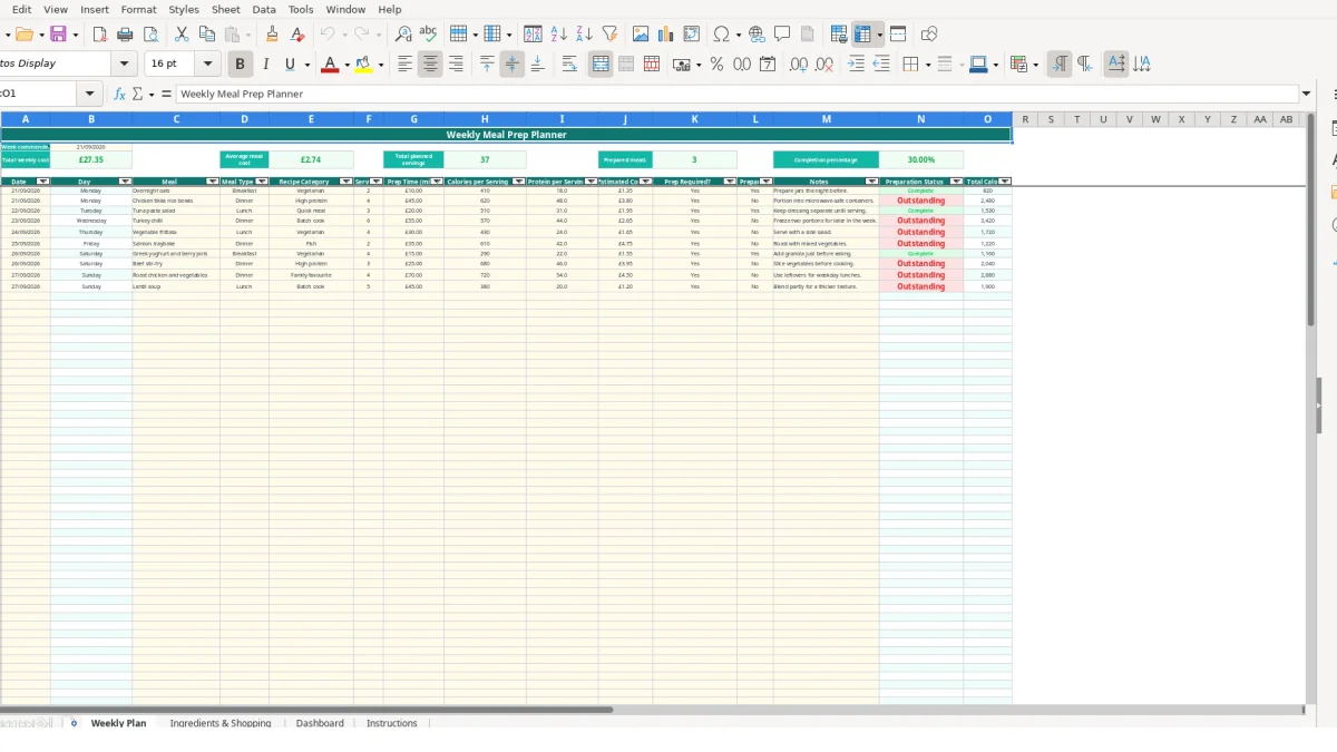 Screenshot 1: Weekly Plan tab - Excel template weekly meal prep planner excel template uk