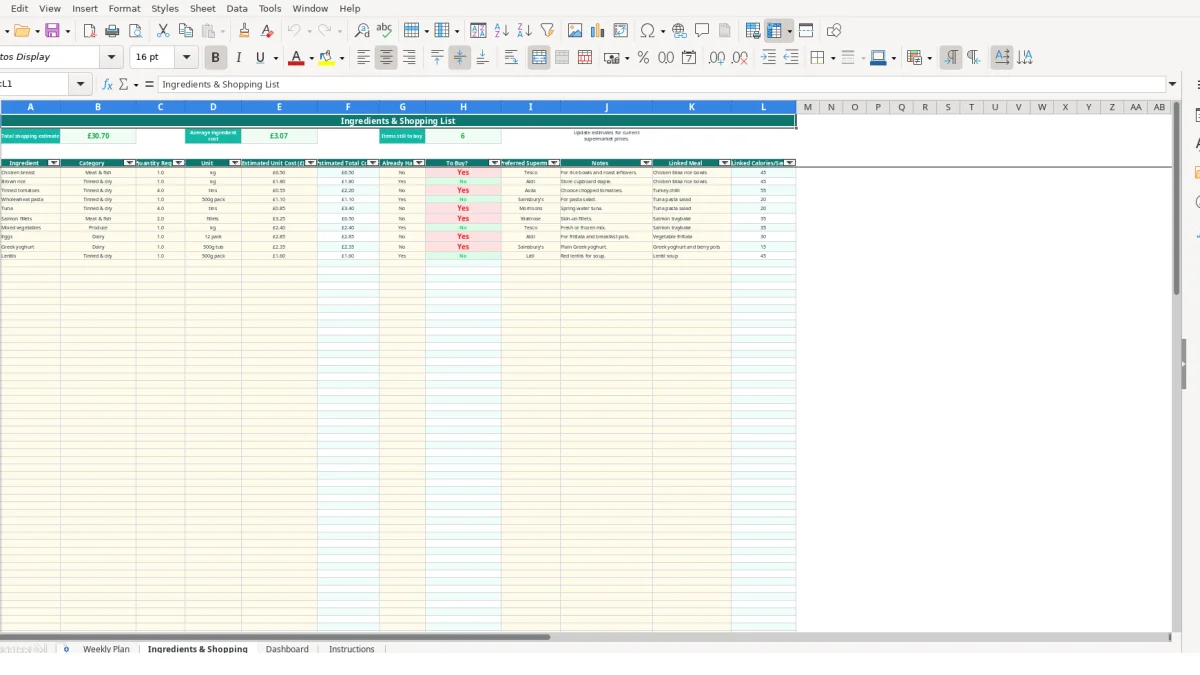 Screenshot 2: Ingredients & Shopping tab - Excel template weekly meal prep planner excel template uk