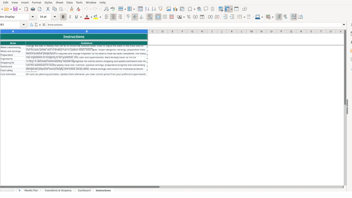 Screenshot 4: Instructions tab - Excel template weekly meal prep planner excel template uk