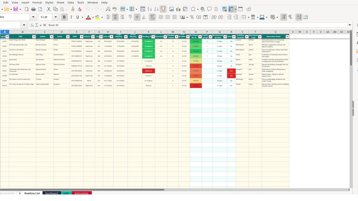 Screenshot 1: Reading List tab - Excel template book club reading list excel template uk