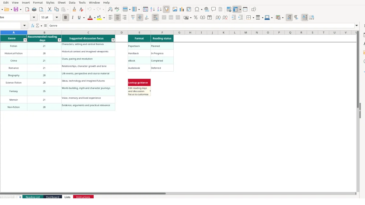 Screenshot 3: Lists tab - Excel template book club reading list excel template uk