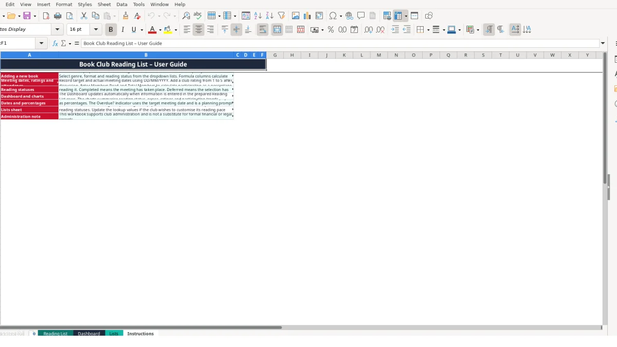 Screenshot 4: Instructions tab - Excel template book club reading list excel template uk