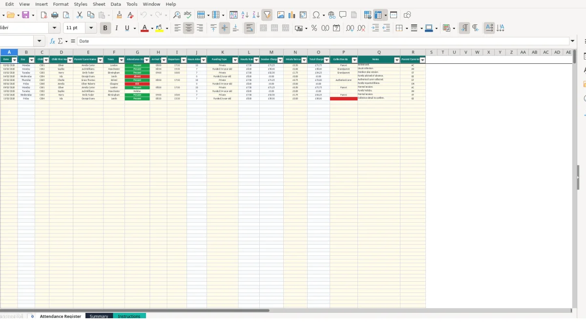 Screenshot 1: Attendance Register tab - Excel template childminder attendance register excel template uk
