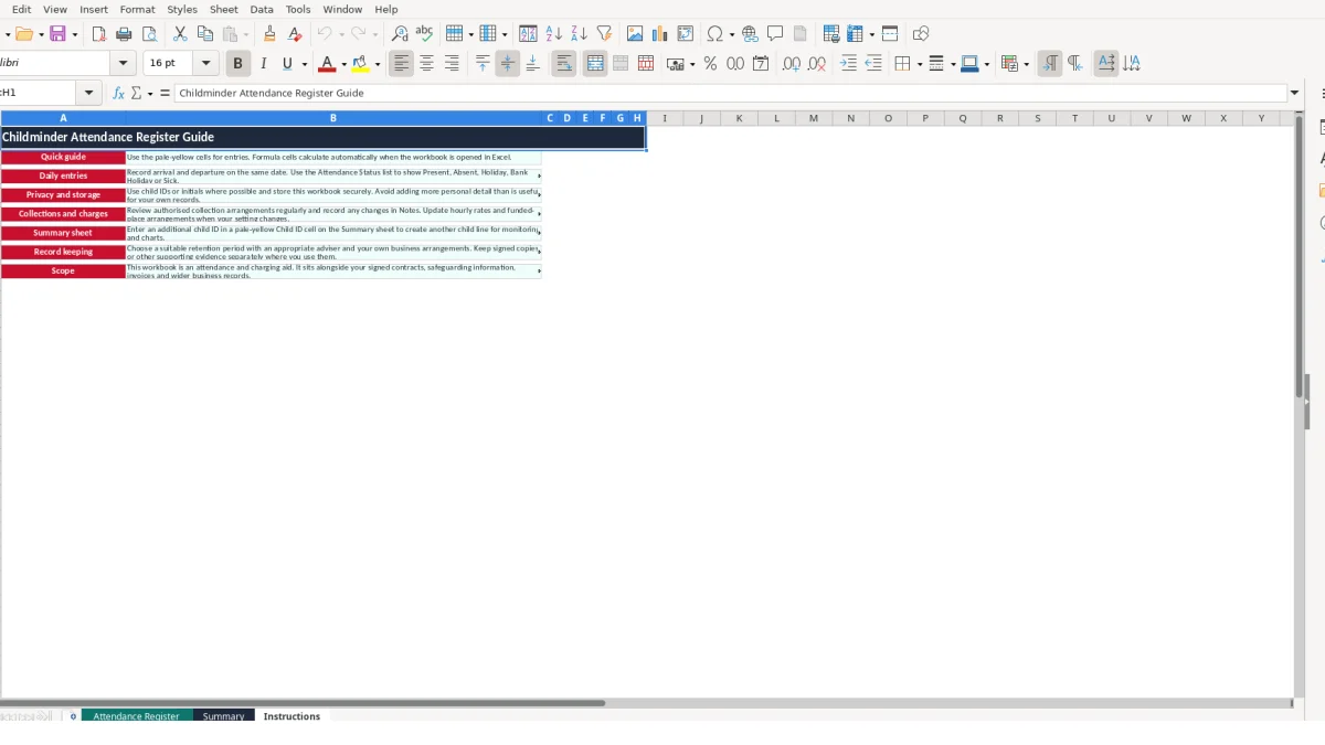 Screenshot 3: Instructions tab - Excel template childminder attendance register excel template uk