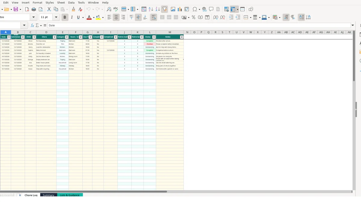 Screenshot 1: Chore Log tab - Excel template chore chart for kids excel template uk