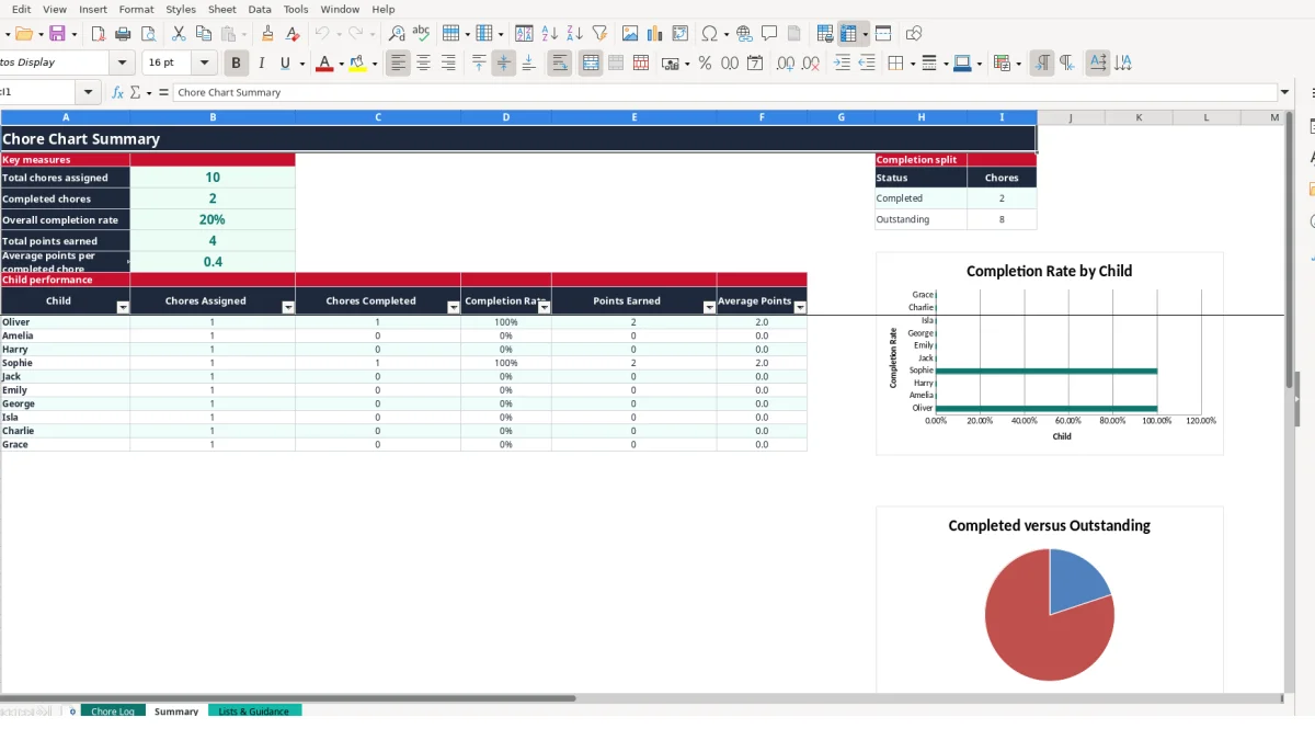 Screenshot 2: Summary tab - Excel template chore chart for kids excel template uk