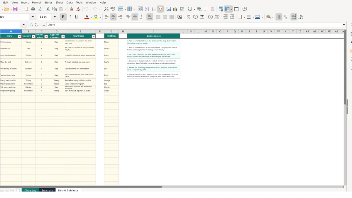 Screenshot 3: Lists & Guidance tab - Excel template chore chart for kids excel template uk