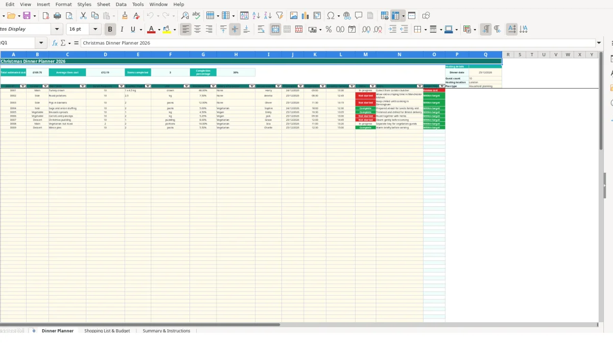 Screenshot 1: Dinner Planner tab - Excel template christmas dinner planner excel template uk
