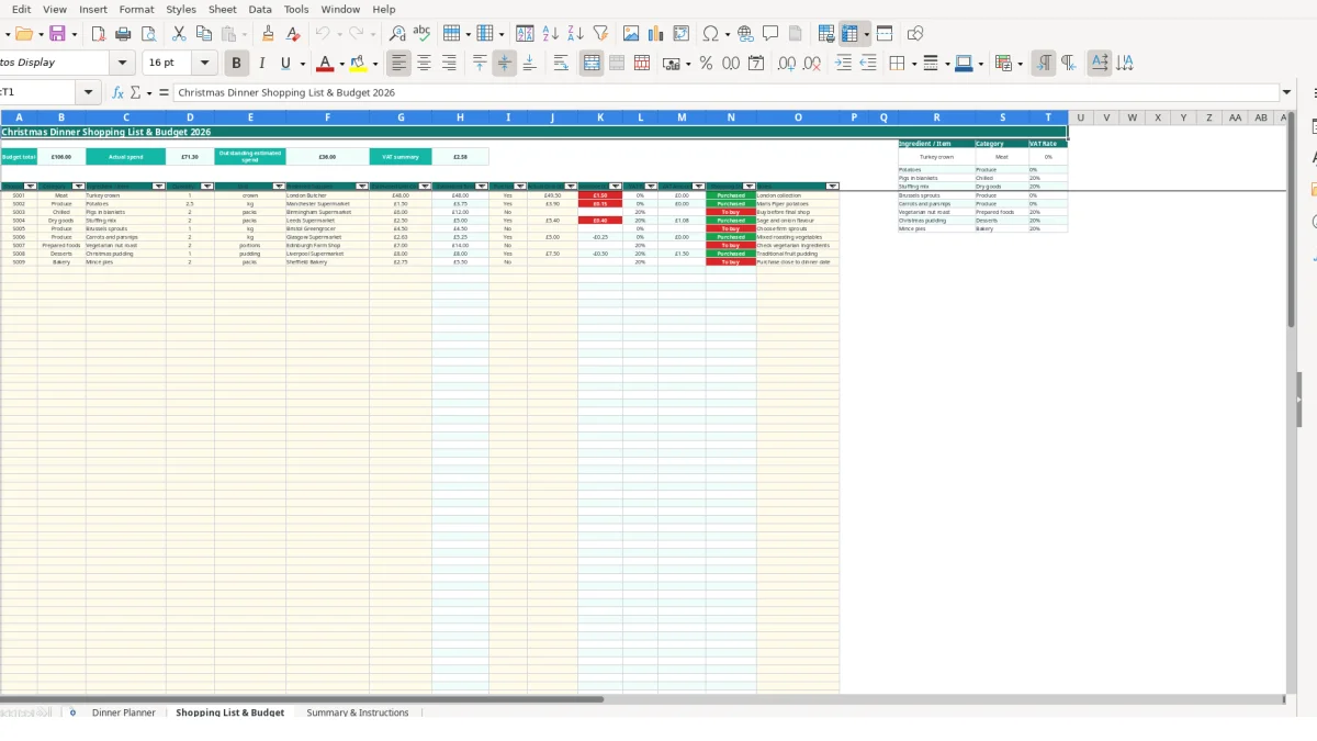 Screenshot 2: Shopping List & Budget tab - Excel template christmas dinner planner excel template uk