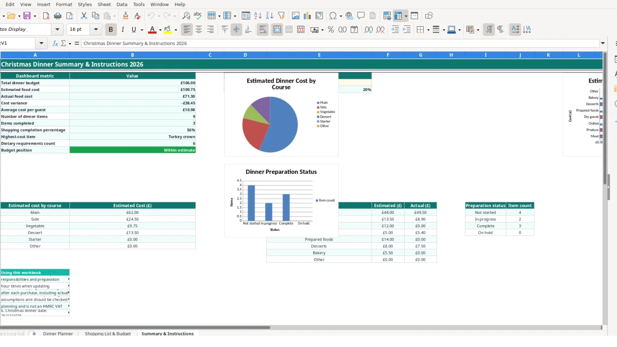 Screenshot 3: Summary & Instructions tab - Excel template christmas dinner planner excel template uk