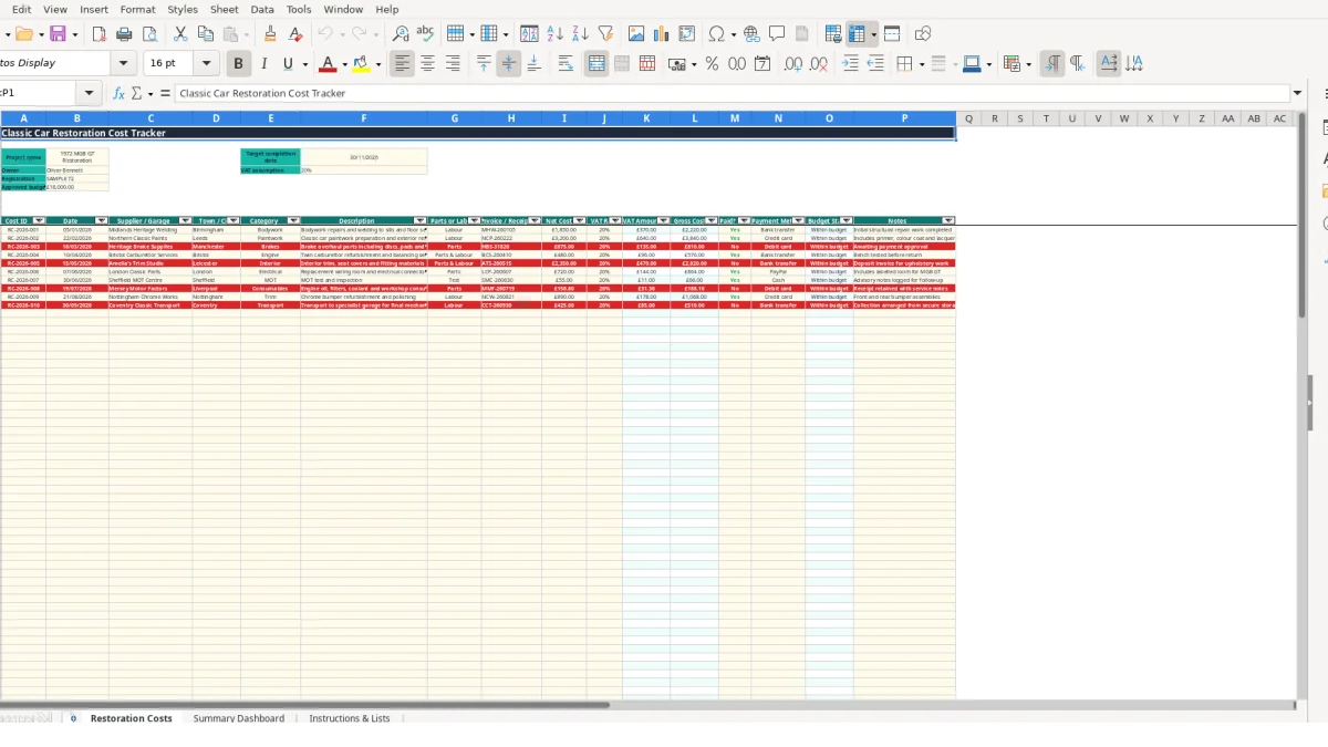 Screenshot 1: Restoration Costs tab - Excel template classic car restoration cost tracker excel template uk