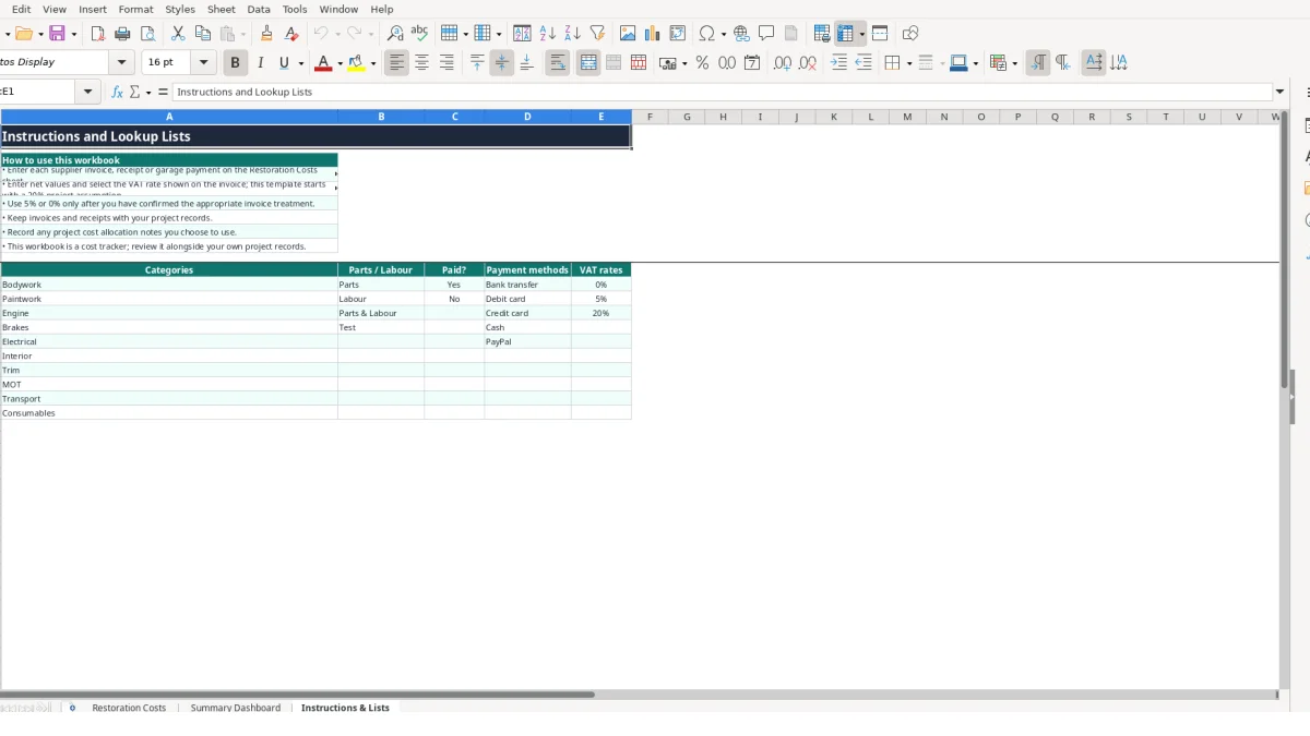 Screenshot 3: Instructions & Lists tab - Excel template classic car restoration cost tracker excel template uk