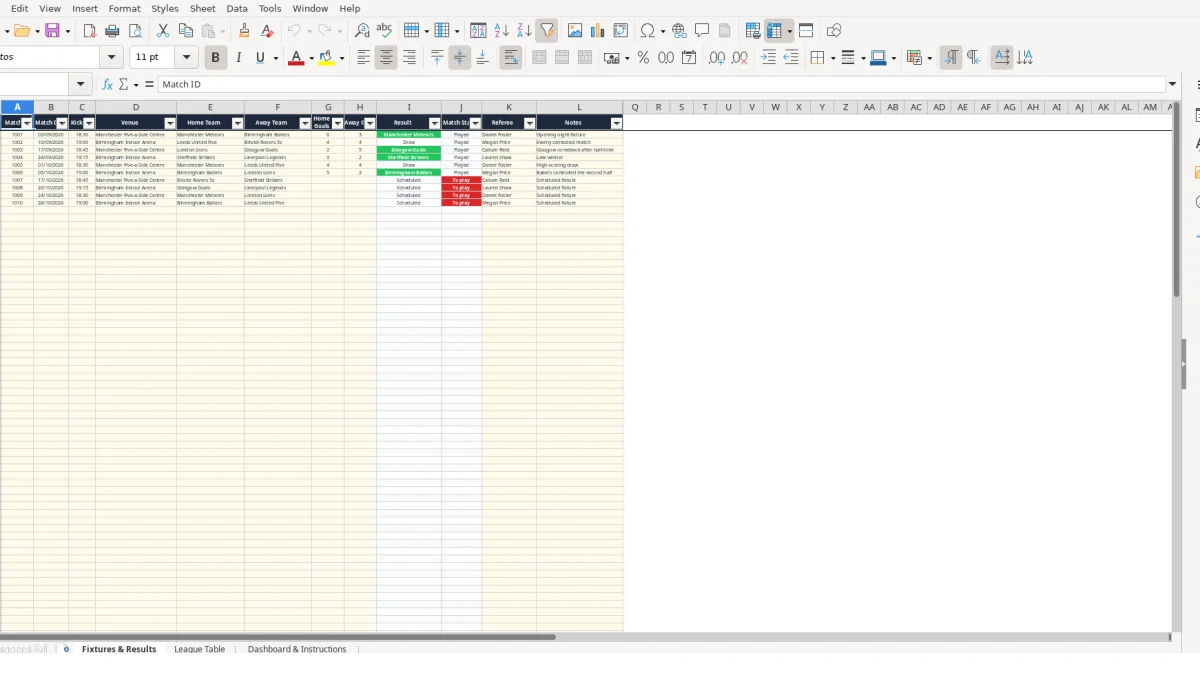 Screenshot 1: Fixtures & Results tab - Excel template five a side football league table excel template uk
