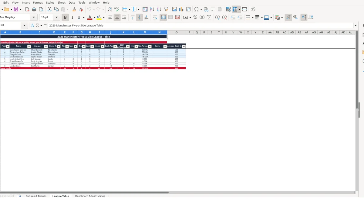 Screenshot 2: League Table tab - Excel template five a side football league table excel template uk