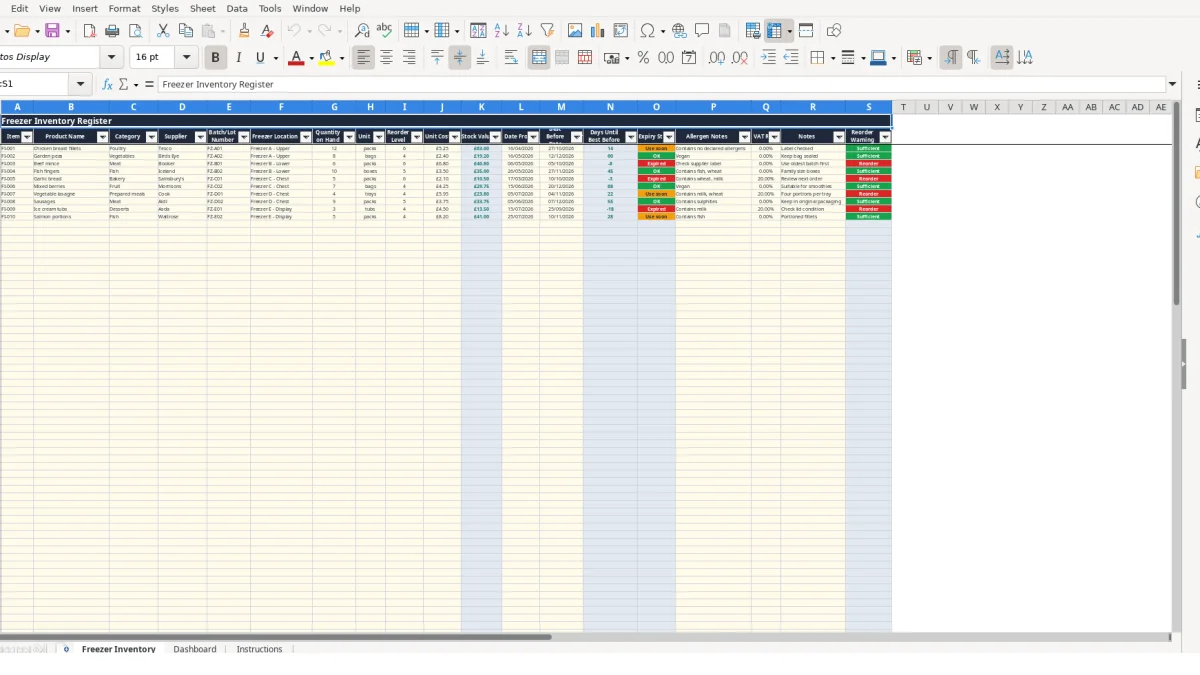 Screenshot 1: Freezer Inventory tab - Excel template freezer inventory excel template uk