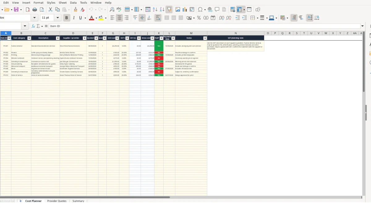 Screenshot 1: Cost Planner tab - Excel template funeral cost planner excel template uk