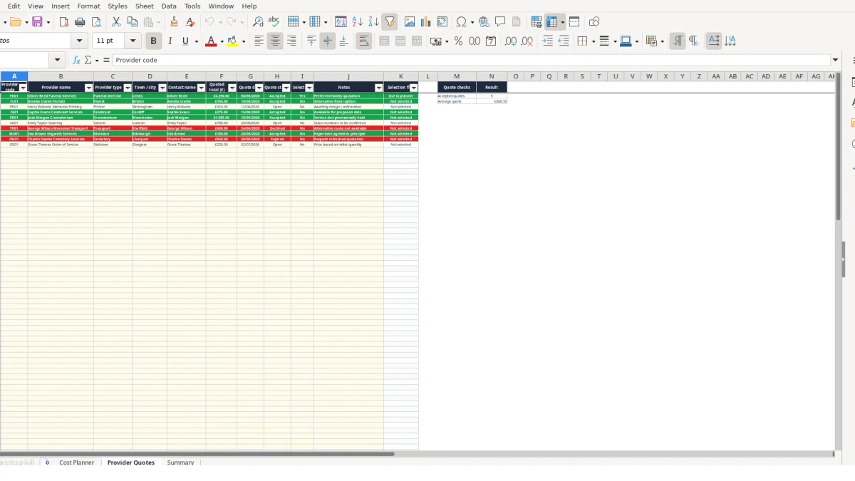 Screenshot 2: Provider Quotes tab - Excel template funeral cost planner excel template uk